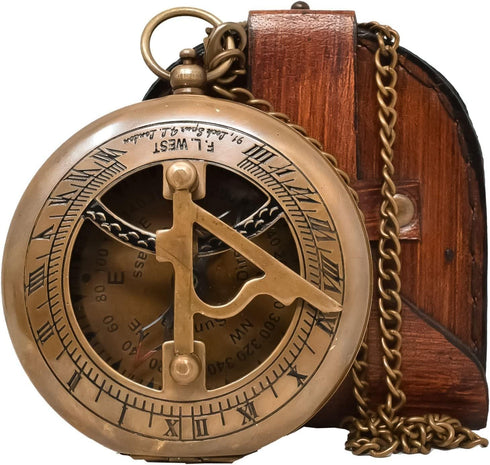 Antique Vintage Sundial Compass, Handcrafted Brass Pocket Sun Dial, Unique Gift for Men, Steampunk Bronze