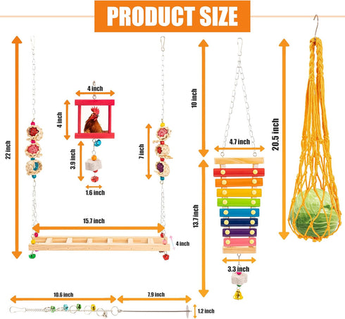 9 PCS Chicken Coop Toys, Chicken Swing Toys for Chickens Xylophone Mirror with Bell Hanging Vegetable Fruits Skewers