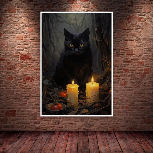 Kisappeared Vintage Gothic Wall Art Black Cat Candle Poster Halloween Artwork Print Canvas Victorian Style Dark