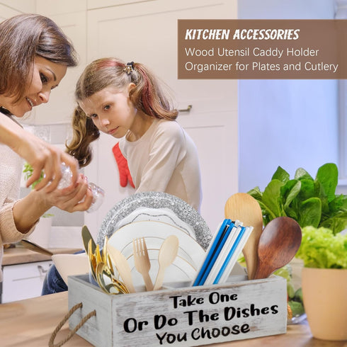 Cutlery Kitchen Utensil Holder Kit - Wooden Organizer for Plate, Cup, Fork, Knives, Spoon, Straws, Napkins