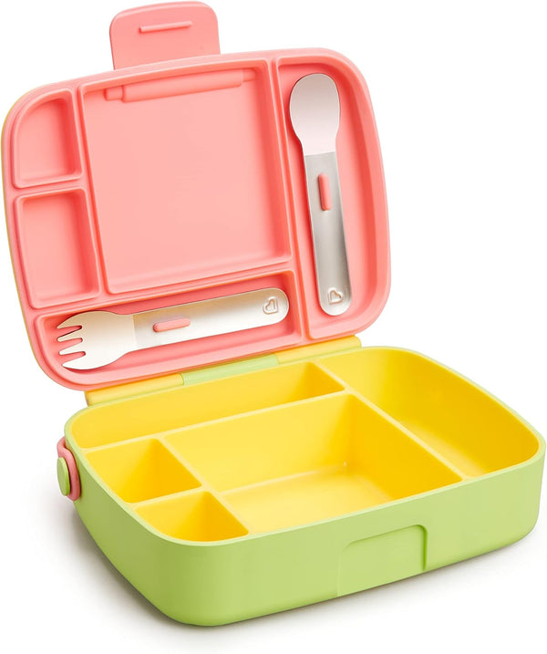 Munchkin Lunch Bento Box for Kids - Includes Stainless Steel Utensils, BPA-Free, Pink/Green/Yellow, 18 Months and Up