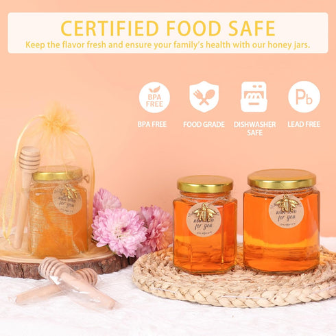 6 oz 30-Pack SZUAH Mini Glass Honey Jars | Honey Jars with Wood Dippers, Gold Lids, Gift Bags, Bee Charms, Labels