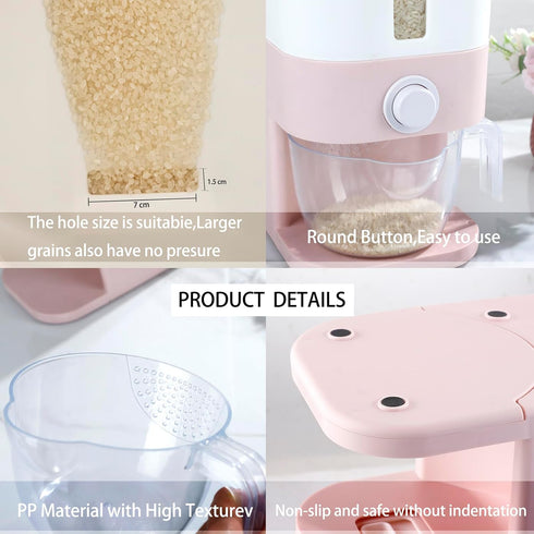 Rubtlamp 22.5 Lbs Pink Rice Dispenser - Rice Storage Container with Measuring Cup for Household Kitchen Use.