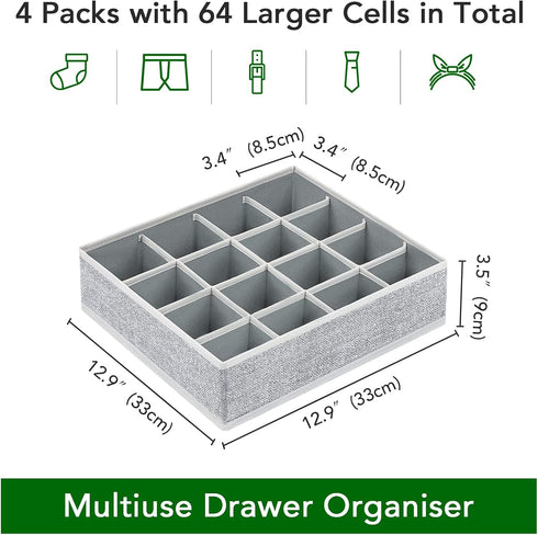 Joyoldelf 4 Pack Sock Drawer Organizer, 16-cell Fabric Dresser Drawer Organizers for Socks, Lingerie, Handkerchiefs,