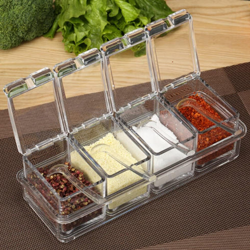 Seasoning Box - 4 Piece Clear Acrylic Spice Pots with Cover and Spoon, Storage Container for Condiments
