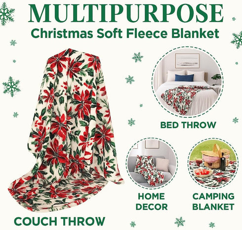 60 50 Poinsettias Cozy Serafina Home Holiday Christmas Fleece Throw Blanket- x Plush White Throw with Red Green Holly