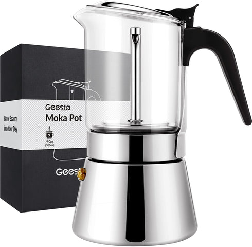 Geesta Premium Crystal Glass-Top Stovetop Espresso Moka Pot - 4/6/ 9 Cups