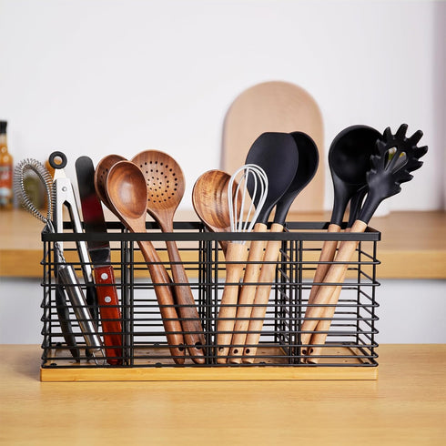 Large Kitchen Utensil Holder, 15.7" x 4.2" x 6.9", 4 Compartments Utensil Caddy for Farmhouse Cooking