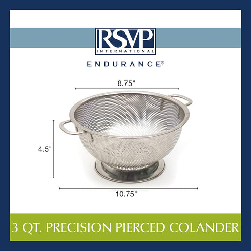 RSVP International Endurance Kitchen Collection Colander Strainer, 3 Quart, Pierced Stainless Steel