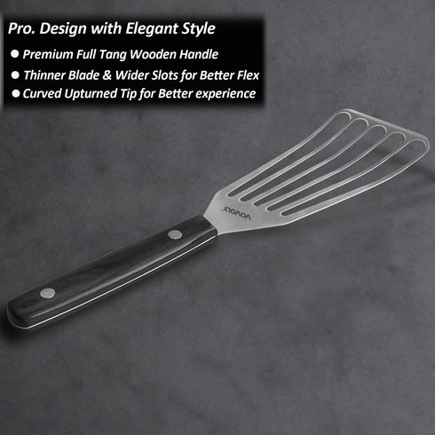 2 Pack Fish Spatula Turner, Stainless Steel Slotted Spatulas for Flipping, Turning, Frying & Grilling, 3"x6"+4"x8" Metal Slotted Spatulas, Wooden Full Tang Handle & Curved Blade