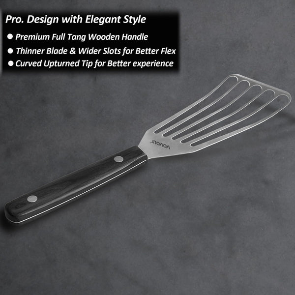 2 Pack Fish Spatula Turner, Stainless Steel Slotted Spatulas for Flipping, Turning, Frying & Grilling, 3"x6"+4"x8" Metal Slotted Spatulas, Wooden Full Tang Handle & Curved Blade