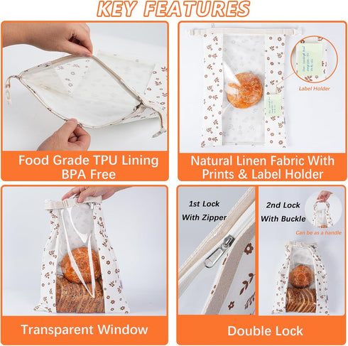 ORORIN Accessories,2-Pack Reusable Bread Bags for Homemade Bread,Linen Sourdough Bag Storage Container with Clear
