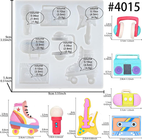 80s Disco Fever Fondant Silicone Tray, Boombox Microphone Radio Bass for Sugarcraft Cake Decorating, Cupcake Topper,