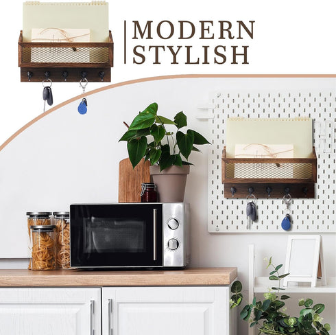 Colingmill 5 Magnetic Mail and Key Holder for Wall Fridge Wooden Mail Organizer with Key Hooks for Home Bedroom Fridge