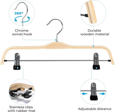Wooden Pant Hangers, 5-Pack Lightweight Wood Skirt Hangers with Anti-Rust Hook and Adjustable Clips