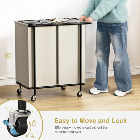Wheels,200L 2 Chrislley Double Laundry Hamper with Rolling Laundry Basket Section with Lid,Steel Frame Laundry Cart