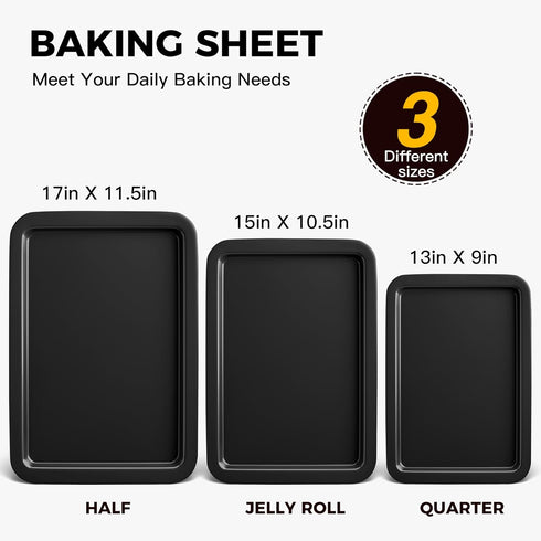HONGBAKE Nonstick Baking Sheet Pan Set, 3 Pack Half/Jelly Roll/Quarter Baking Tray, Dishwasher Safe