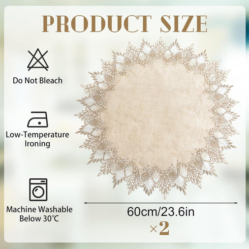 2Pcs 24 24in Kitchen(60 60cm) Polyester Round Doily, * Beige Table Cover with Lace Trim, Coffee Table Topper Table