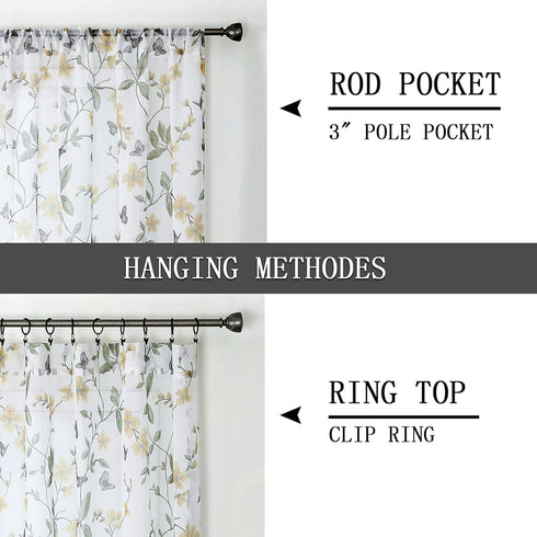 Tollpiz Short Sheer Floral Tier Curtains, Yellow Flower Butterfly Printed Kitchen Voile Curtains, Set of 2 Panels