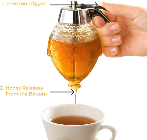 8oz 6" Hunnibi No Drip Glass Honey Dispenser with Plastic Top - Honeycomb-Style Syrup Server and Bee-Themed Storage Jar