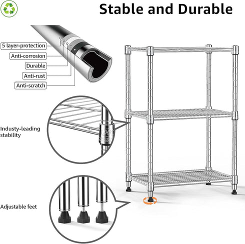 MZG Wire Storage Shelving 3-Tier Utility Shelving Unit, Steel Organizer Wire Rack for Home, Kitchen, Office - Chrome