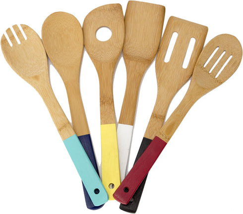 Home Basics Bamboo Cooking Utensils Set, 6-Piece with Color Handles, 2.5" x 12" x .25"