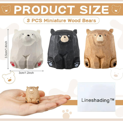 Lineshading 3 Gift(Standing,2 1.2 1.4 Inch) Pcs Mini Wooden Bears Figurines Handmade Carved Small Wooden Black Brown