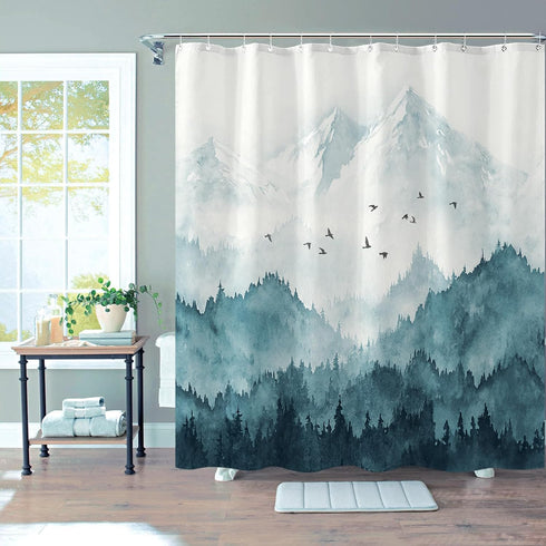Watercolor Mountain Forest Shower Curtain, Nature Misty Foggy Navy Blue Tree Art with 12 Hooks, 72 ×72 Inch Bathroom