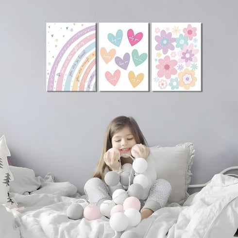 3 12x16in Pieces Nursery Boho Wall Art, Framed Cartoon Rainbow Canvas Prints, Colorful Heart Wall Decor, Cute Flower
