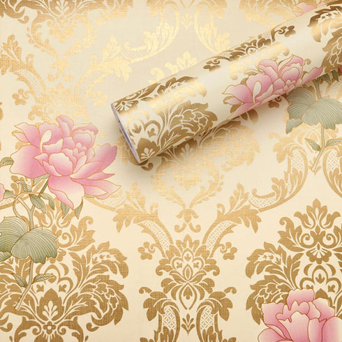 Self-Adhesive Shelf Liners Paper, Removable Self Adhesive Liner for Home Decoration, Gold Pink Flower 17.8 x 118 Inches