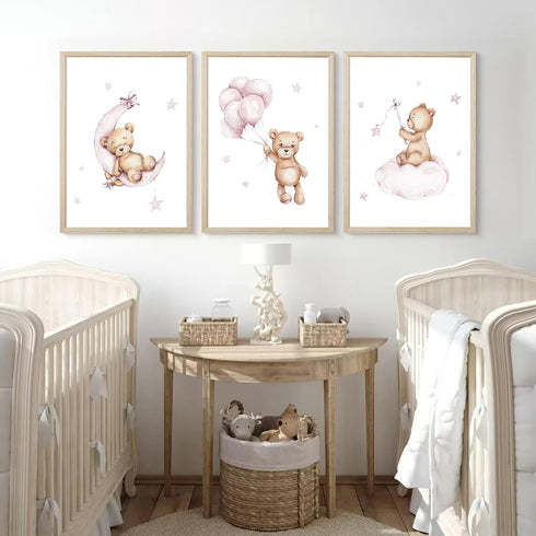 Baccone 12x16x3 Inch Bear Nursery Wall Art Decor Teddy Bear Wall Art Baby Girl Canvas Wall Decor Pink Pictures Balloon