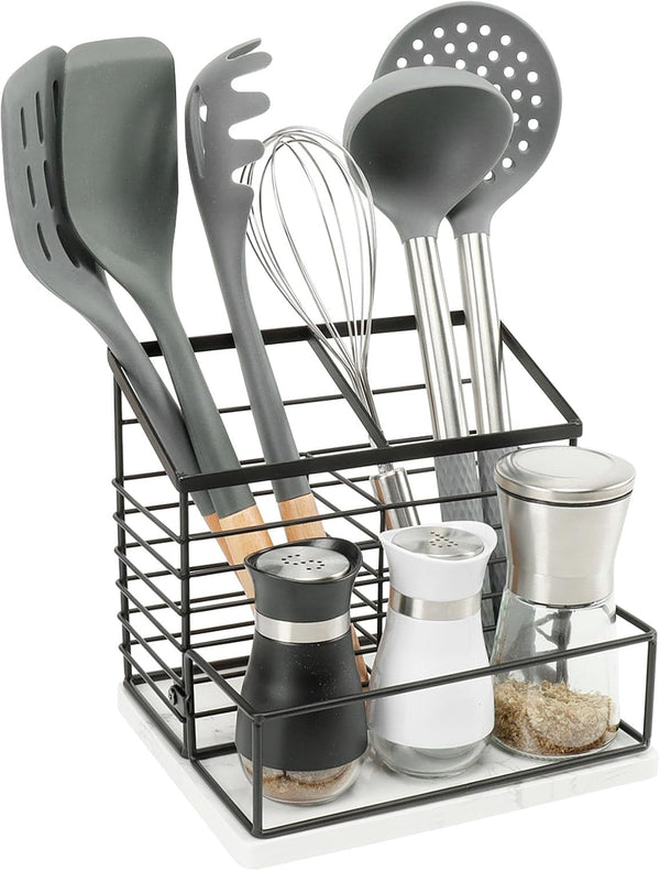Metal Utensil Holder for Kitchen Counter - Large Organizer with Salt and Pepper Shakers, Marble Base