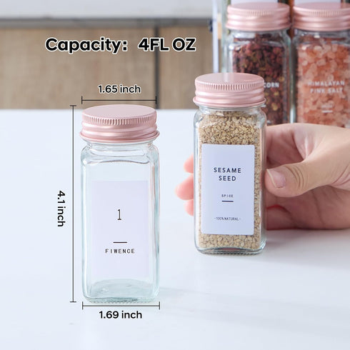 24 4oz Pcs Glass Spice Jars with Labels and Pink Metal Caps, Empty Spice Containers with Shaker Lids, Funnel