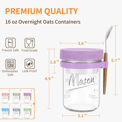 6 Pack 16 oz Xyptorix Overnight Oats Containers with Lids and Spoons, Mason Jars with Removable Separate Compartments