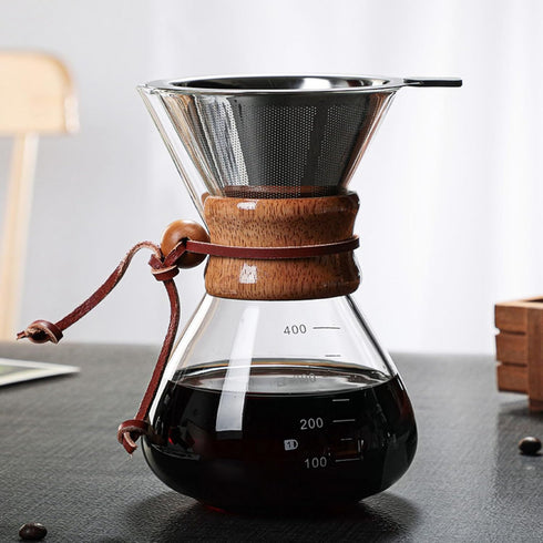 TOPINCN Double Layer Filter V Spout Wooden Sleeve Pour Over Coffee Maker 400ml Capacity, Clear Scale Glass Material
