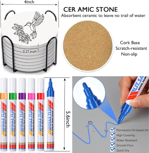 DoYoMo 6 Paint Your Own Butterfly Coaster with Markers,Craft Kits for Adul Absorbent Ceramic Tiles with Cork Base,DIY
