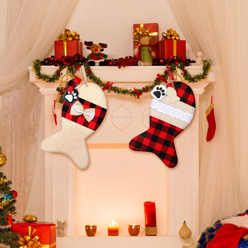Skylety 2 Pieces Pet Christmas Stockings, Buffalo Plaid Burlap, 15 Inch Large Fish Shaped Bow for Xmas Tree