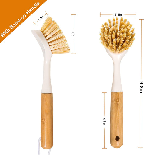 2 Pack Kitchen Dish Brushes, Bamboo Handle Dish Scrubber with Built-in Scraper for Kitchen Sink Cleaning Tools