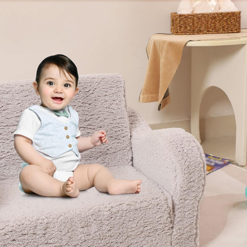 2-in-1 Cozy MOMCAYWEX Kids Sofa, Flip-Out Foam Couch with Soft Sherpa Cover, Play Lounge Chair, Grey
