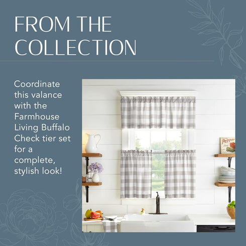 Elrene Home Fashions Buffalo-Check Valance, 60" x 15" for Bathroom or Kitchen Windows, Gray/White