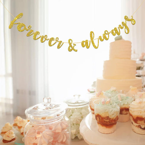 Forever & Always Banner for Bridal Shower, Engaged, Wedding Anniversary Party Decorations (Gold Glitter)