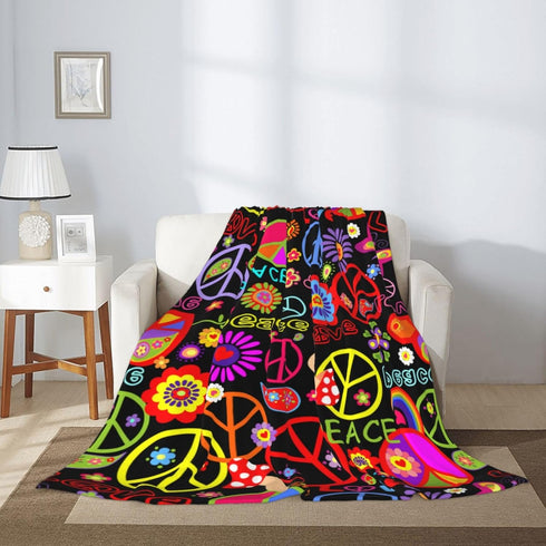 VOOHDDY Cozy 80"x60" Funny Colorful Hippie Peace Love Blanket, Soft Blankets Flannel Bed Throw Lightweight Plush Gifts