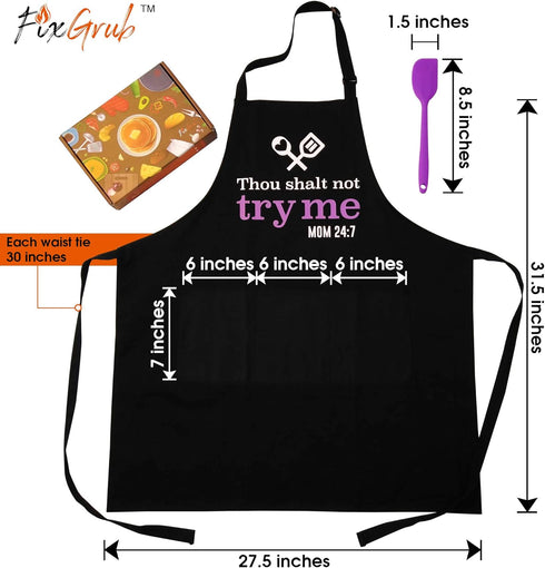 Cooking Apron for Mom with Spatula and Gift Box, Funny Kitchen Apron with 3 Pockets, Mother's Day Gift (Thou Shalt Not