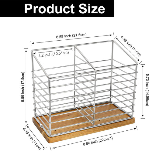 Utensil Holder for Kitchen Counter, Metal Rack for Cooking Tools Storage, Sturdy Base with Drainage Hole (Chrome Wooden)