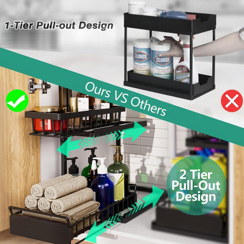 Under Sink Organizer, Metal 2 Tier Storage Basket, Slide Out Cabinet Organizer Shelf for Kitchen and Bathroom, Black