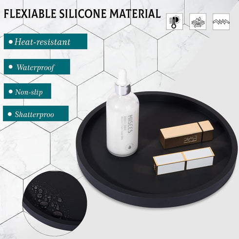 Silicone Bathroom Tray, Round Vanity Decorative Soap Holder for Kitchen Countertop, 9 Inch, Black