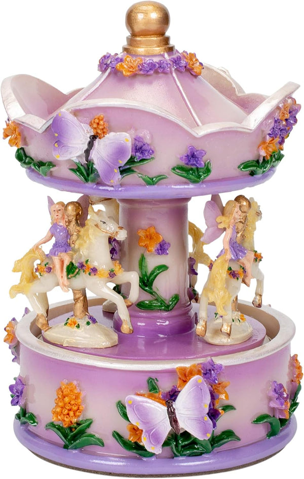 Elanze Designs Purple Floral Fairy Musical Carousel, 6 inch Rotating Figurine Plays Carousel Waltz Tune
