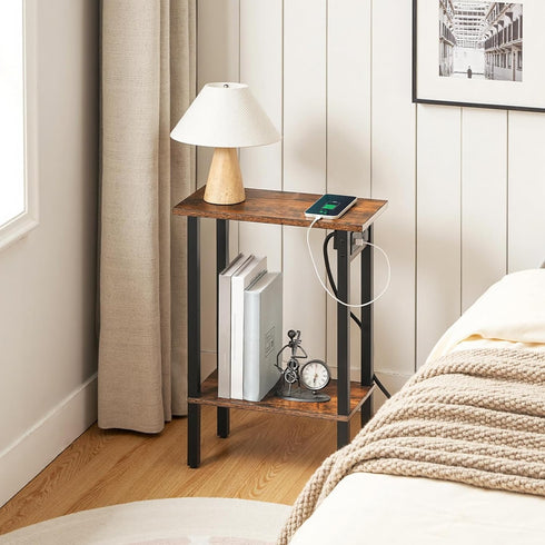 2-Tier BF240UBZ01 HOOBRO Narrow Side Table, Slim End Table with Charging Station, Skinny Nightstand with Open Storage