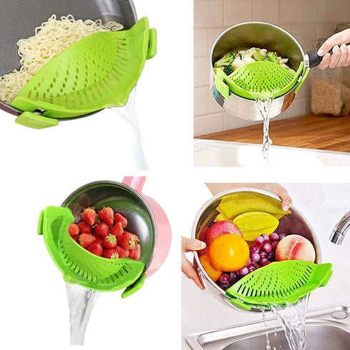 Snap Strainer, Clip-on Heat Resistant Silicone Colander for Pots, Hands-free Pour Spout for Pasta, Vegetables