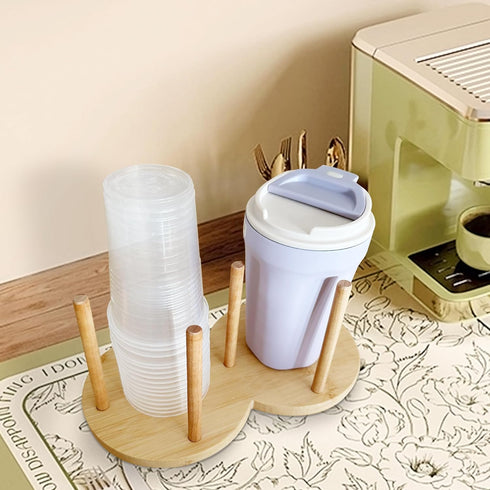 Round Wooden 2 Compartment Coffee Table Organizer, Cup Dispenser Countertop, Lid Organizer for Restaurant Storage